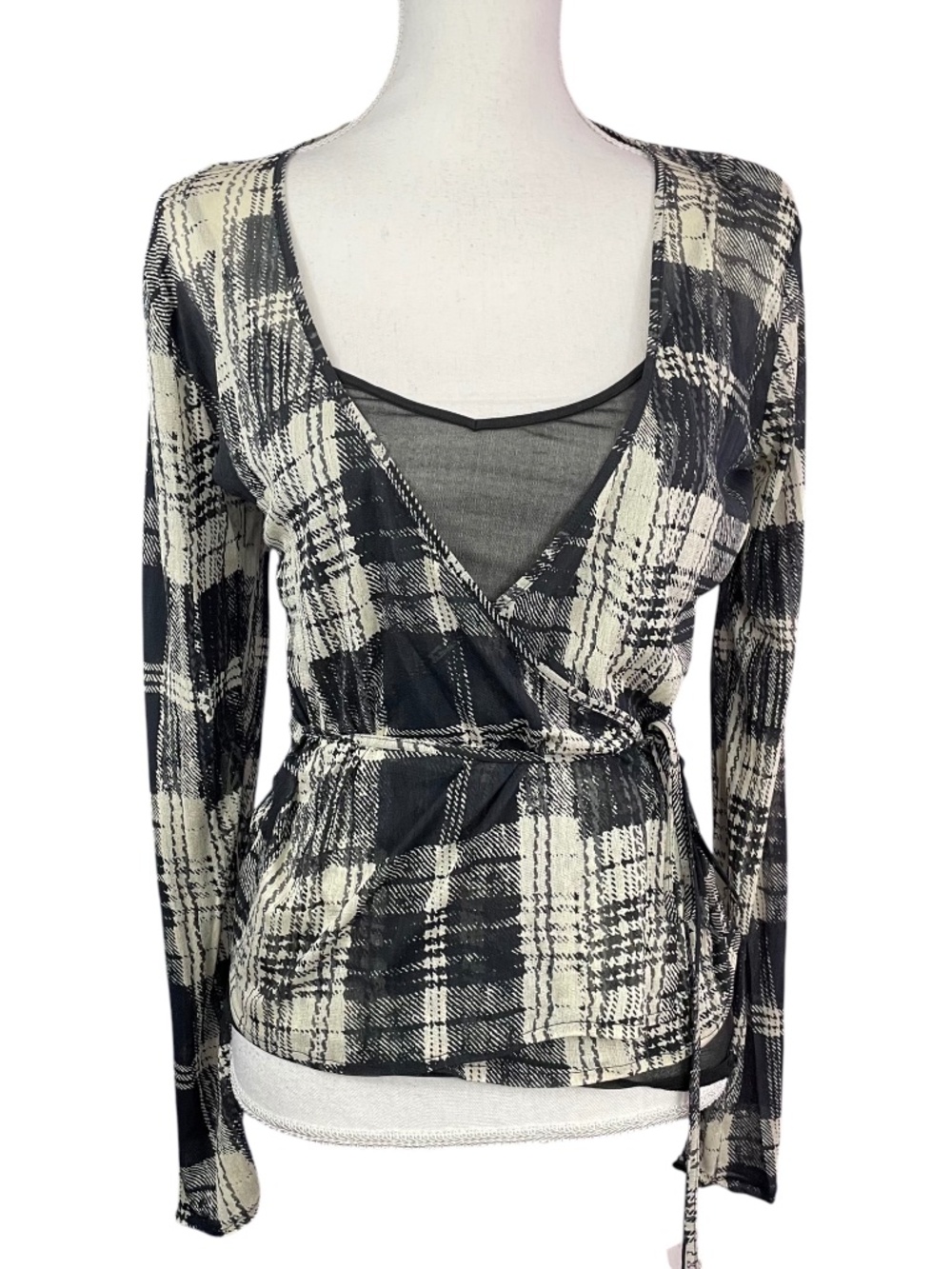 DKNY Silk Wrap Top NEW M Plaid Black White Chiffon Inky Sheer V-Neck Layered